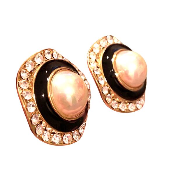 Chunky 1980's clip on earrings goldtone & black enamel rhinestones & faux pearl - Picture 4 of 4
